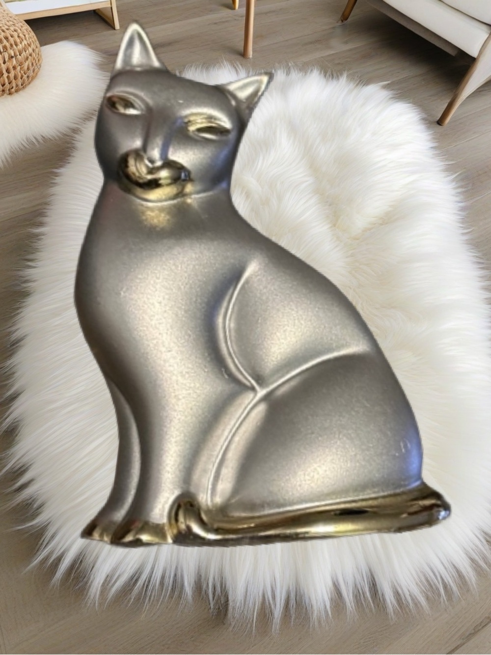 Satin and Glossy Finish Gold Tone Metal Sitting Cat Brooch 2.5” X 2”